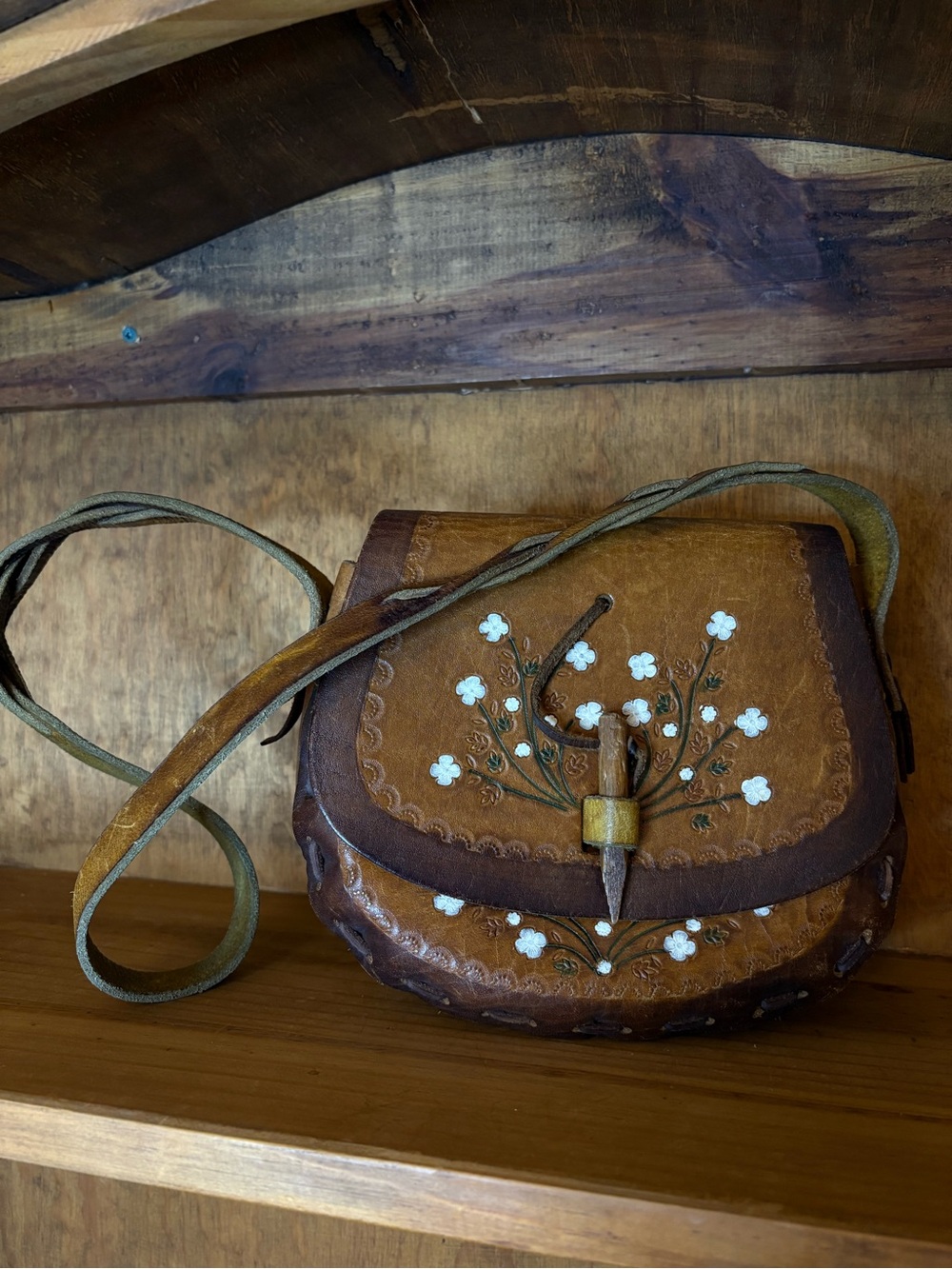 Source Unknown Brown Leather Crossbody Bag with White Floral Embroidery